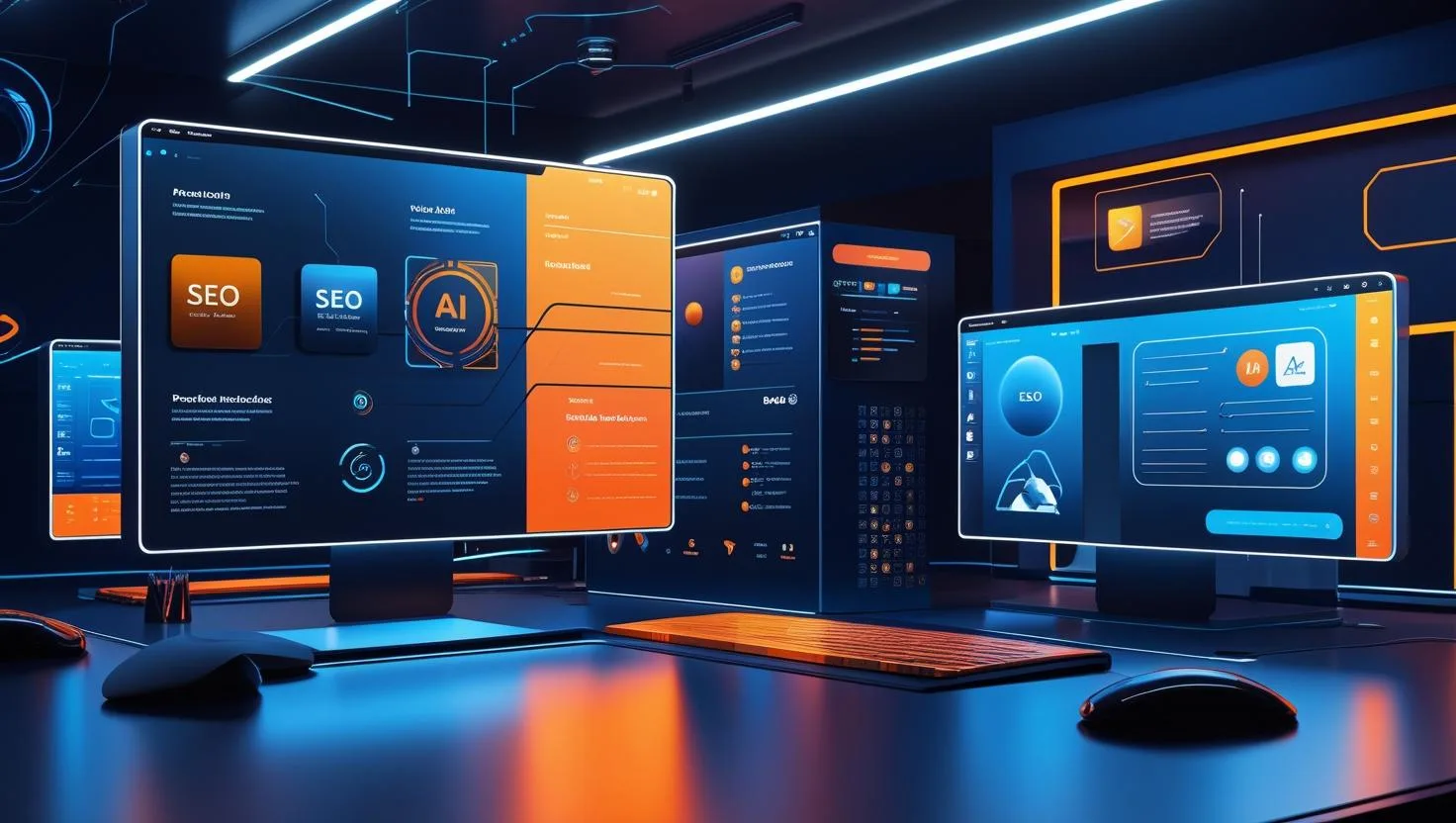 AI SEO tools 2025 shown in a futuristic digital workspace with modern UI and high-tech design